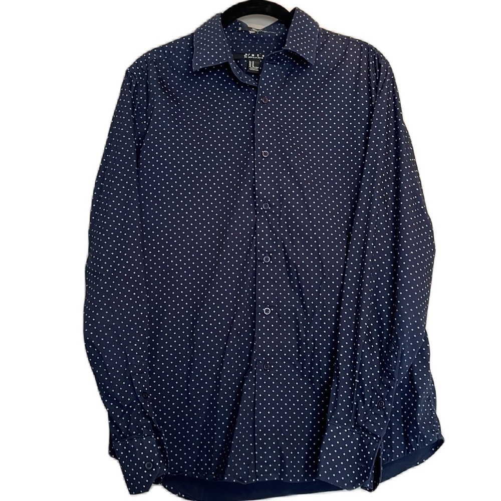 21 Men long sleeve navy blue collared button down white polka dot shirt